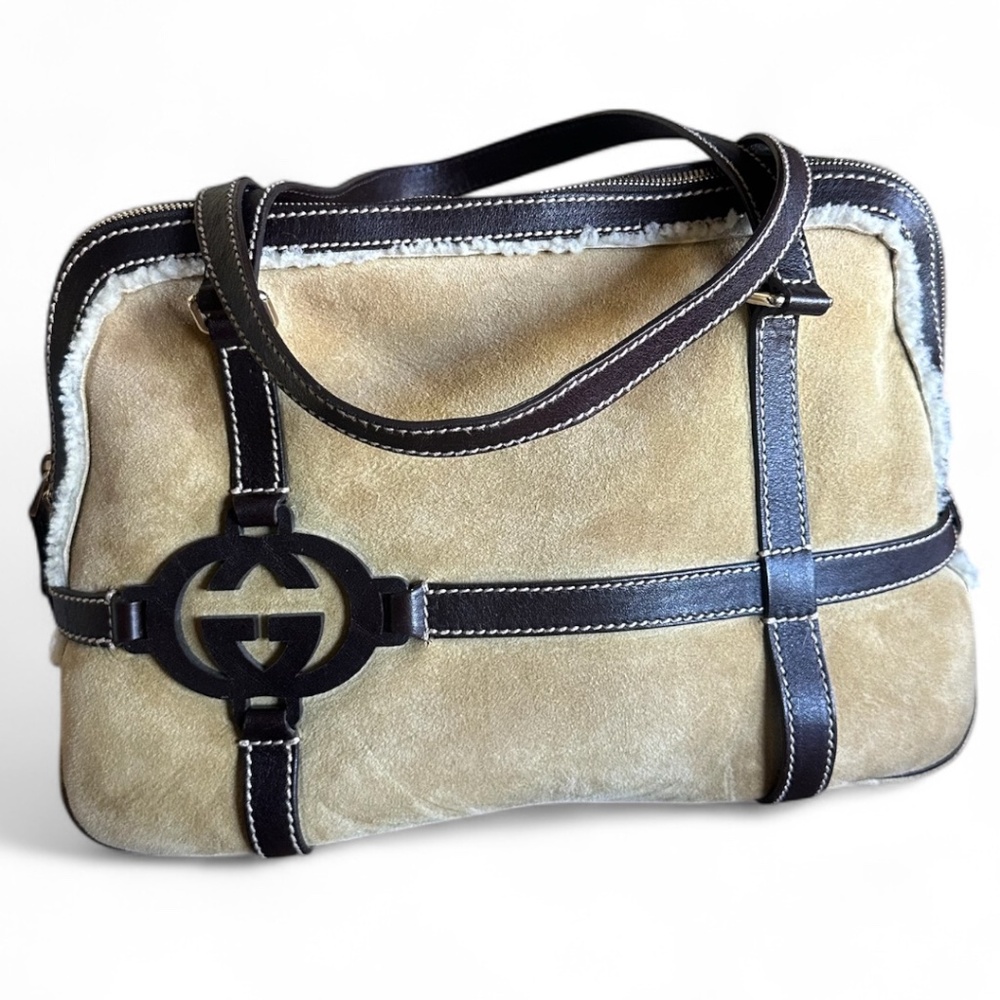 Authentic Vintage Gucci Shearling Royal Tote – Tan Suede GG Logo Bag